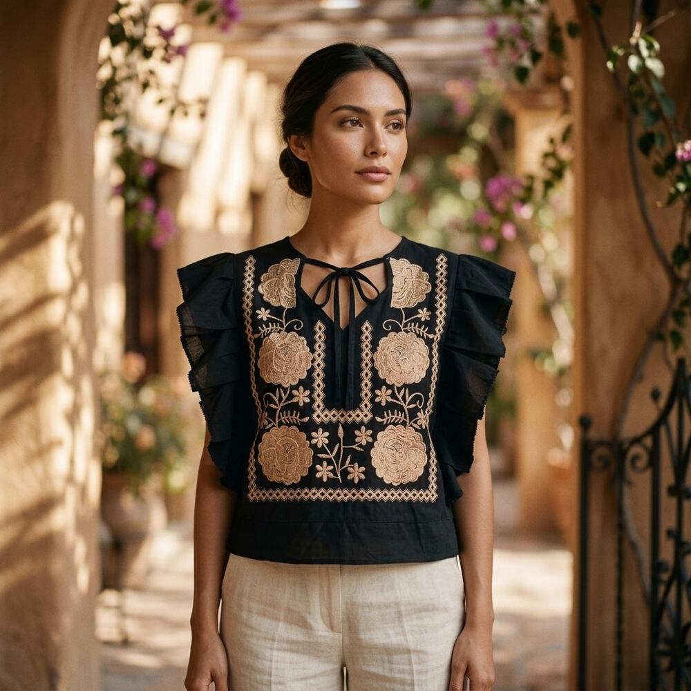 Traditional Mexican Huipil style Blouse – Handmade Embroidered Manta Top